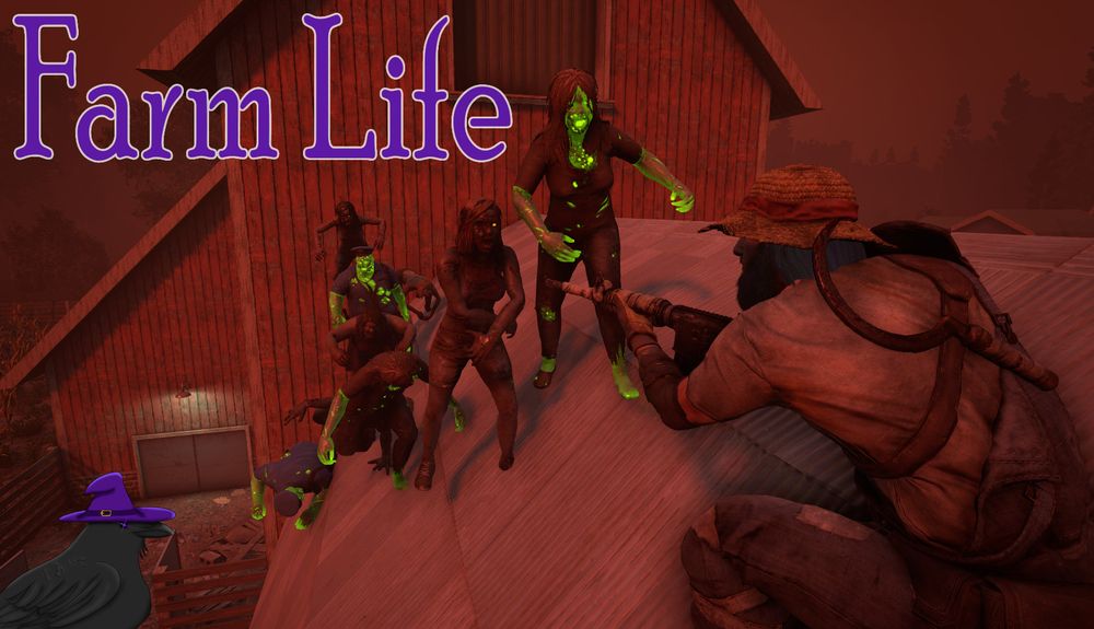 A rooftop view of a zombie horde pouring out of a barn while a survivor aims a rifle at them. In the corner is a small raven with a purple wizard's hat and the words "Farm Life" above in purple font. The sky is red and casting a red-tint to most of the picture.