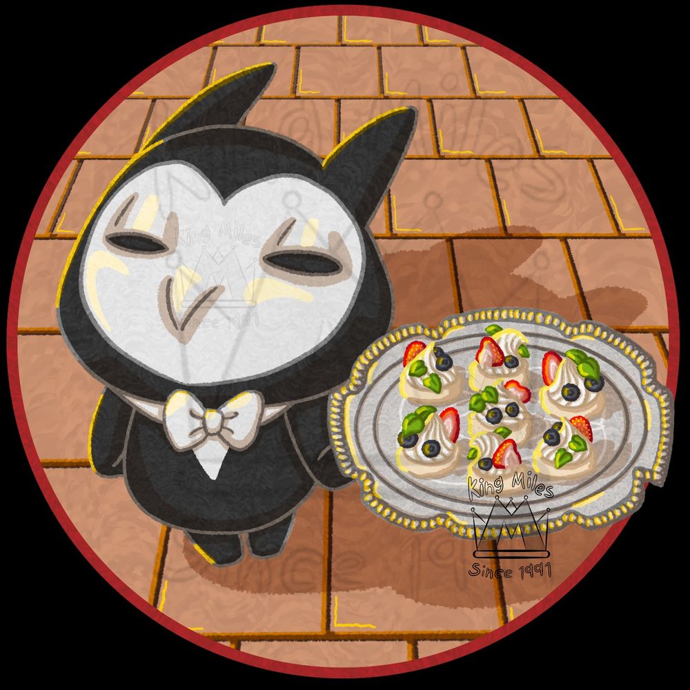 A digital drawing of a short black-and-white owl-like creature, wearing a fancy bowtie, standing on tiled floor, holding out a silver platter with carefully prepared pastries, topped with strawberries, blueberries, mint, and whipped cream. A warm yellow light illuminates the scene.