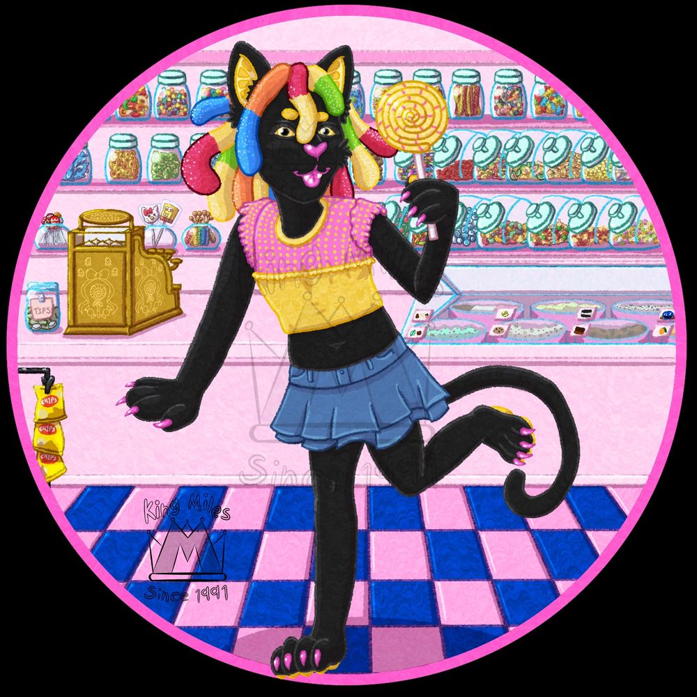 A digital drawing of an anthropomorphic black panther, wearing a pink and yellow polkadot pattern crop top and a short pleated blue skirt. They have pink nail polish on their claws, their hair on their head is made of sour gummy worms. They are holding a large yellow lollipop with pink stripes. They are very happy and sticking their tongue out playfully. They are in a candy shop with lots of shelves behind them full of detailed assorted candy, such as gumballs, jellybeans, gummy bears, peach rings, gummy sharks, and lots more. Behind them is a pink countertop with an old-fashioned metal register and a jar full of tips. On one side of the counter is a refrigerated section with several different flavors of ice cream. The floor is a blue and pink shiny tile.