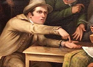 A meme, a painting of an angry man pointing at his empty hand.