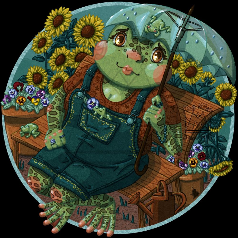 Digital drawing of a chubby anthropomorphic frog person, looking anxious but hopeful. They’re wearing green overalls, a brown shirt with a random pattern of mushrooms, acorns, flowers, squirrels, pumpkins, frogs, snails, and leaves. They have a few decorative rings on their fingers, including one shaped like a lilly flower. Also a green beaded bracelet. They’re sitting on a small wooden bench outside on a rainy day, holding a transparent umbrella. Behind the beach are tall sunflowers that are facing forward or drooping downward. At the sides of the bench are terra-cotta pot full of pansies of various colors. Some small realistic frogs are hanging out around the scene, one is sitting on top of the umbrella, the other is sitting on the bench, the third small frog is taking a nap in the pocket of the overalls.