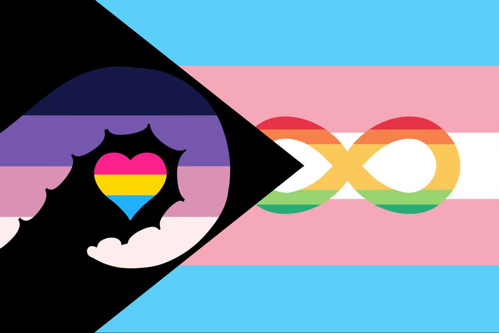 A digital pride flag, representing demi pan-romantic, asexual spectrum, monster lover, transgender, and autism pride. 

A black triangle covers the left side, inside the triangle is a tentacle colored with horizontal stripes of the asexual spectrum pride flag colors, in order from top to bottom, the colors are, dark purple, light purple, pink, lighter pink. The tentacle is in a hook shape wrapped around a heart symbol, the heart is colored with horizontal stripes in the colors of the pan pride flag, colors top to bottom are magenta, yellow, and blue. On the right side of the triangle is an infinity symbol partially obscured by the triangle, the infinity symbol is colored with the autism spectrum pride color stripes, in order from top to bottom, are red, orange, gold, light green, and darker green. Behind that is the horizontal transgender pride flag stripes, light blue, pink, white, pink, light blue.