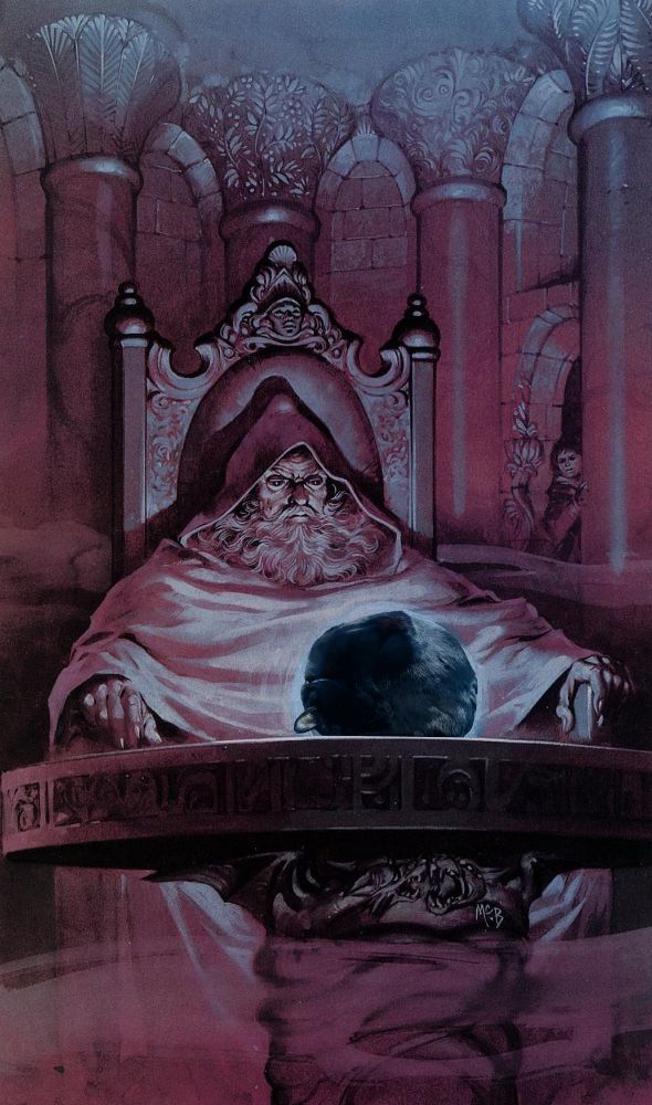 A meme, a painting of a wizard originally made by Angus Mcbride, edited with the black cat from rattusrose‘s post in place of the magic glowing orb the wizard is pondering.