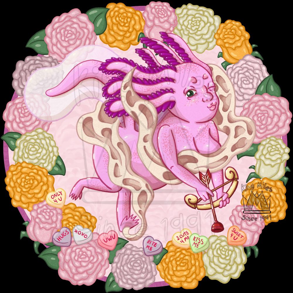 A digital drawing. It’s a close up of the last panel, with Angel the Axolotl, wearing a sheet, surrounded by roses and holding a bow and arrow with the arrow being a suction cup. They’re making a silly puckered kissy face and winking.