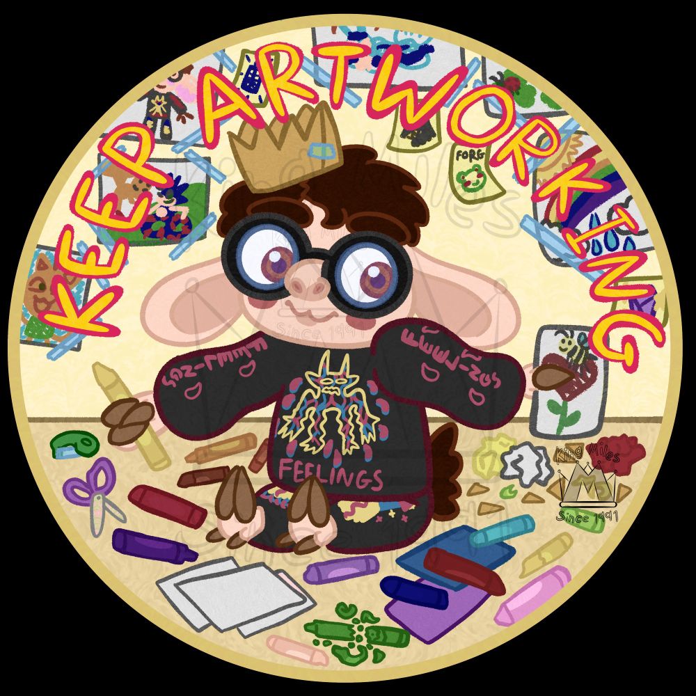 A digital drawing with the text “Keep Artworking” the art is of an anthropomorphic sheep named Cornelius or nicknamed Sheepy, he is wearing a sweat shirt and jogger pants with gremlin designs inspired by art and clothes made by the artist named Wizard of Barge, and round black glasses, and a construction paper crown held together with clear tape. He is sitting on a rug amidst various colored crayons, paper, scissors, other craft supplies, and a few crumpled up discarded pieces of paper. He is holding up his newest drawing of a bee on a heart shaped flower. It is crudely scribbled and simple.Taped to the wall behind him are his other crayon masterpieces, including drawings vaguely resembling, Tangy from animal crossing, Sonic and Tails, a blue police call box, a sea slug, nature, a rainbow, a frog labeled “forg”, a wolf with sharp teeth, and a self portrait of himself interacting with an offscreen character.