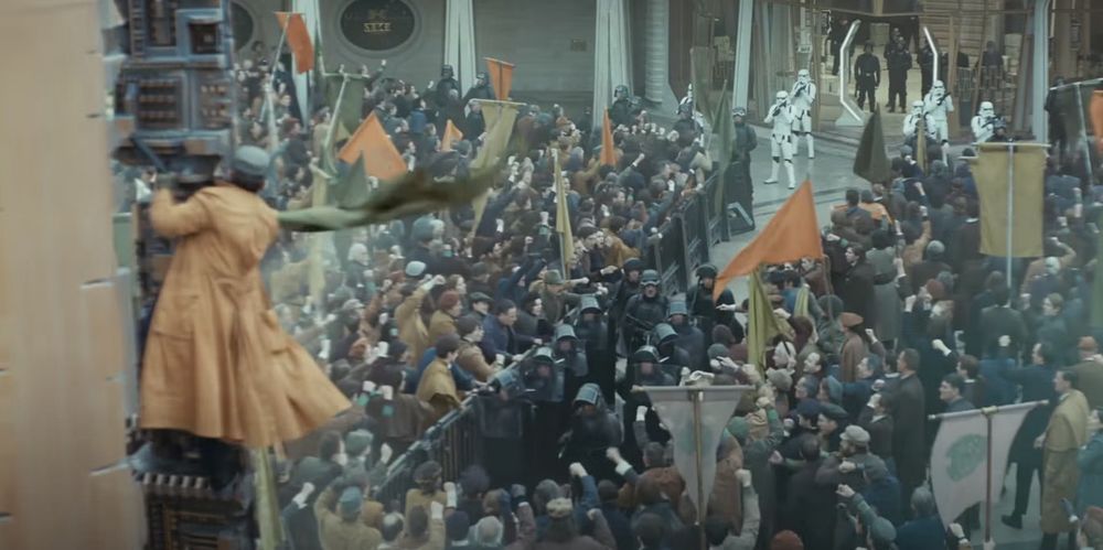 The scene in Andor series 2 when the Empire deliberately provoke the Ghorman massacre by sending heavily armed troops into a peaceful protest after broadcasting lies about the threat of insurrection 