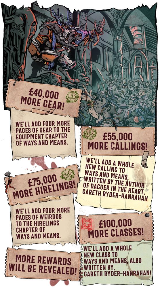 Illustration of a gnoll on stage proclaiming to a crowd, beneath an arched roof. Text reads: 
£40,000 More Gear
£55,000 More Callings
£77,000 More Hirelings
£100,000 More Classes
More rewards will be revealed!