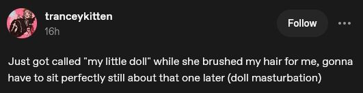 Tumblr post by tranceykitten that reads as follows:
Just got called "my little doll" while she brushed my hair for me, gonna have to sit perfectly still about that one later (doll masturbation)