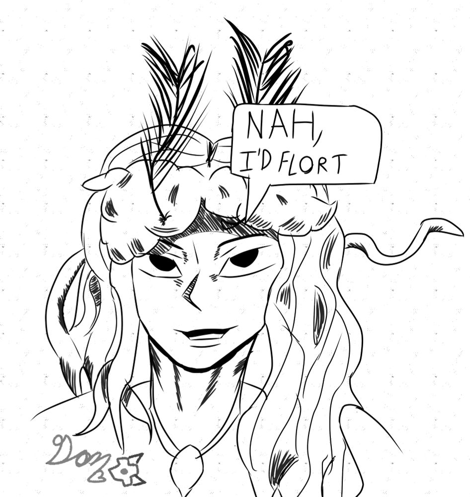 A drawing of an affini replicating Gege Akutama's art style, saying "nah, I'd flort"