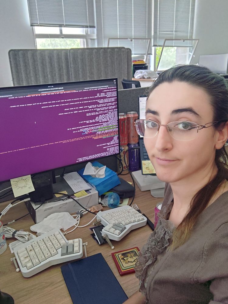 Selfie of a gull in front of a computer with many colorful lines of code
