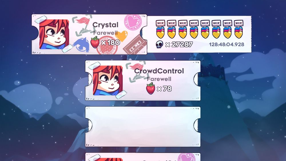 A screenshot from Celeste's file select screen. It shows the name Crystal, with berries x180, the stamps for clearing the mountain, B-side tape collection, all red berries, B-side pink hearts, C-Side golden hearts, and the bird for Farewell. Deaths show 27287, with a time of 128h:48m:04s. There are other files beneath it. 
