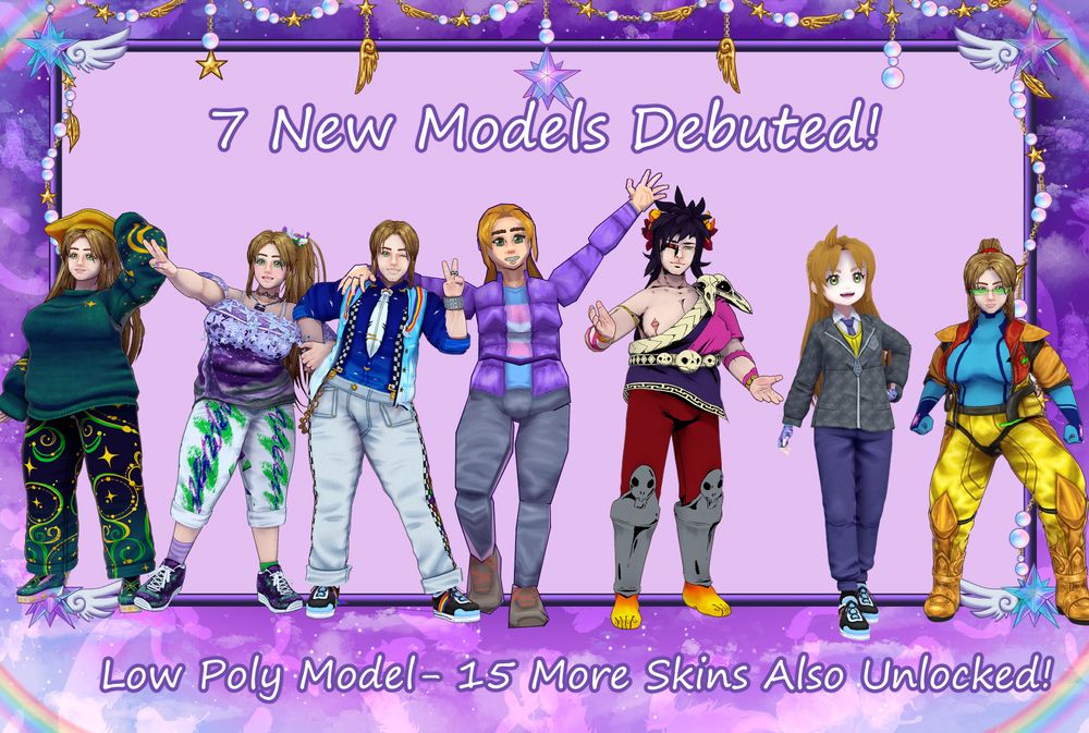 A group shot of 7 different outfits of one vtuber. Two are in the style of Hades and Scarlet/Violet. One is a low poly model.