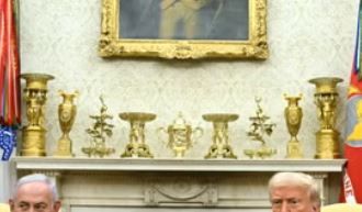 Screenshot of a Getty Images photo of the Oval Office Feb 4, 2025 cropped to show 9 assorted gold items lined up on the fireplace mantel, tallest on the outer edges and shortest in the center. The following 3 screenshots show how the objects have been repeatedly shuffled / replaced since then. In their proper places they are all valued, beautiful objects with histories of their own - but now they are just being treated as knick-knacks. Shameful.