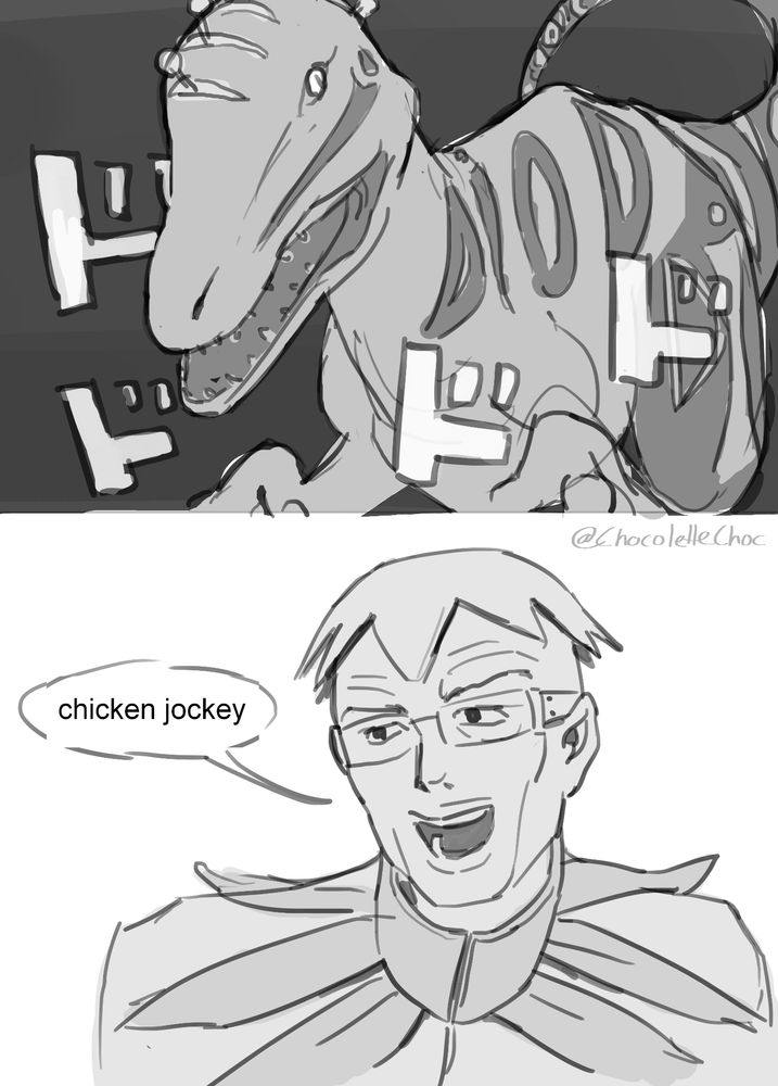 A monochrome comic featuring Diego Brando and Stephen Steel from JoJo's Bizarre Adventure: Part 7: Steel Ball Run. It is a parody of the infamous "chicken jockey" scene from A Minecraft Movie.

Stephen Steel says "chicken jockey".