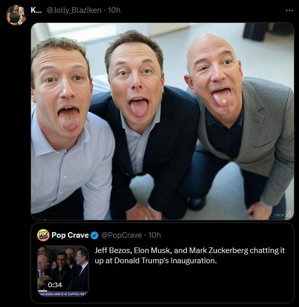 (left to right) Mark Zuckerberg, Elon Musk, and Jeff Bezos taking drugs at Donald Trumps Inauguration (edited)