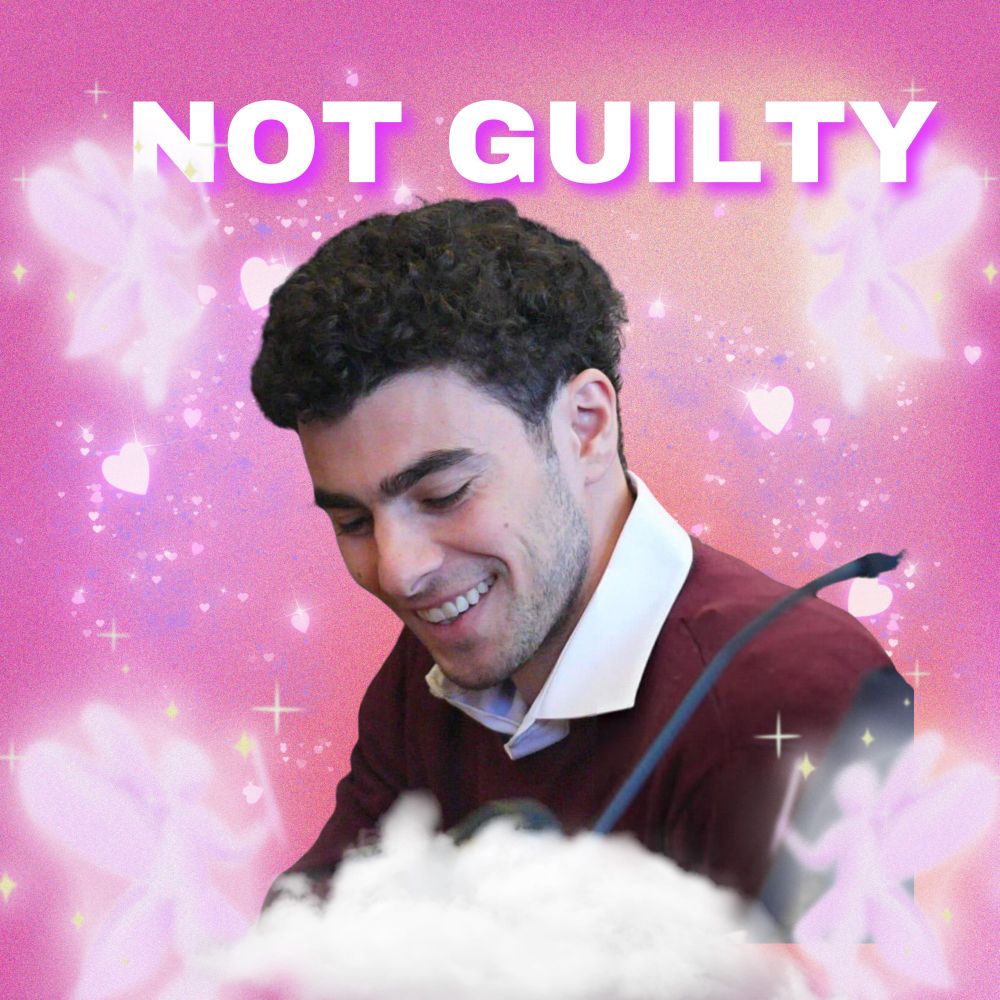 A stylized image of Luigi Mangione, smiling and looking downward, set against a bright pink background filled with glowing sparkles, hearts, and soft clouds. The bold white text above his head reads “NOT GUILTY,” adding a dramatic and humorous tone to the image. The overall aesthetic is playful and over-the-top, with a dreamy, lighthearted vibe.