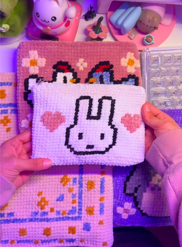 Right image: A crochet panel featuring a cute bunny design with a simple face on a white background. The background includes small pink heart shapes, creating a cheerful look.