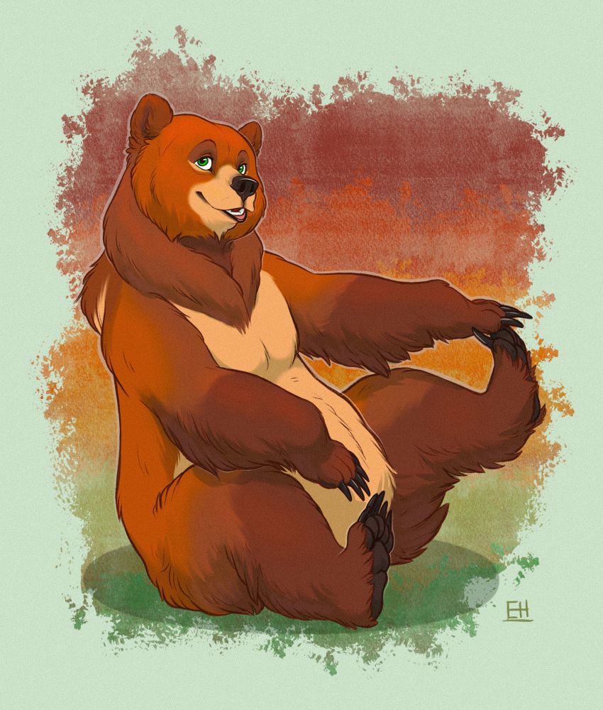 Digital illustration of Holly the grizzly bear, sitting on the ground with an autumn-themed gradient behind them
