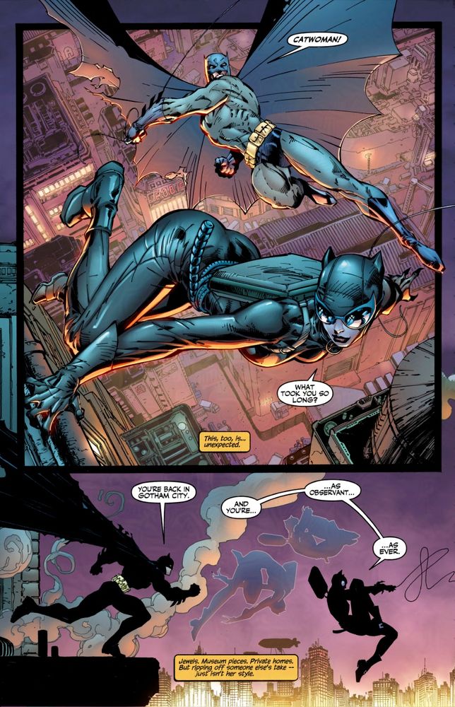 Batman discovering Catwoman leaving a heist. 