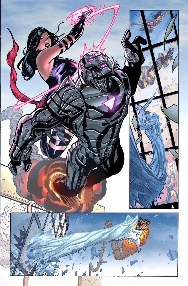 Psylocke battling Nimrod before Iceman joins the battle to help!
