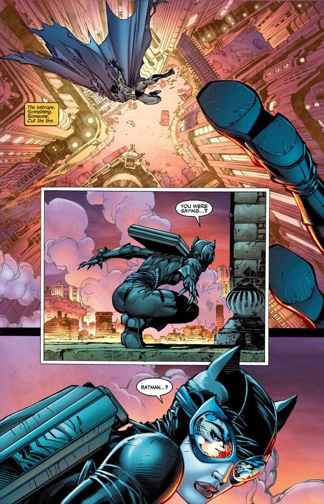 Batman falls before Catwoman notices he is not giving chase any longer.