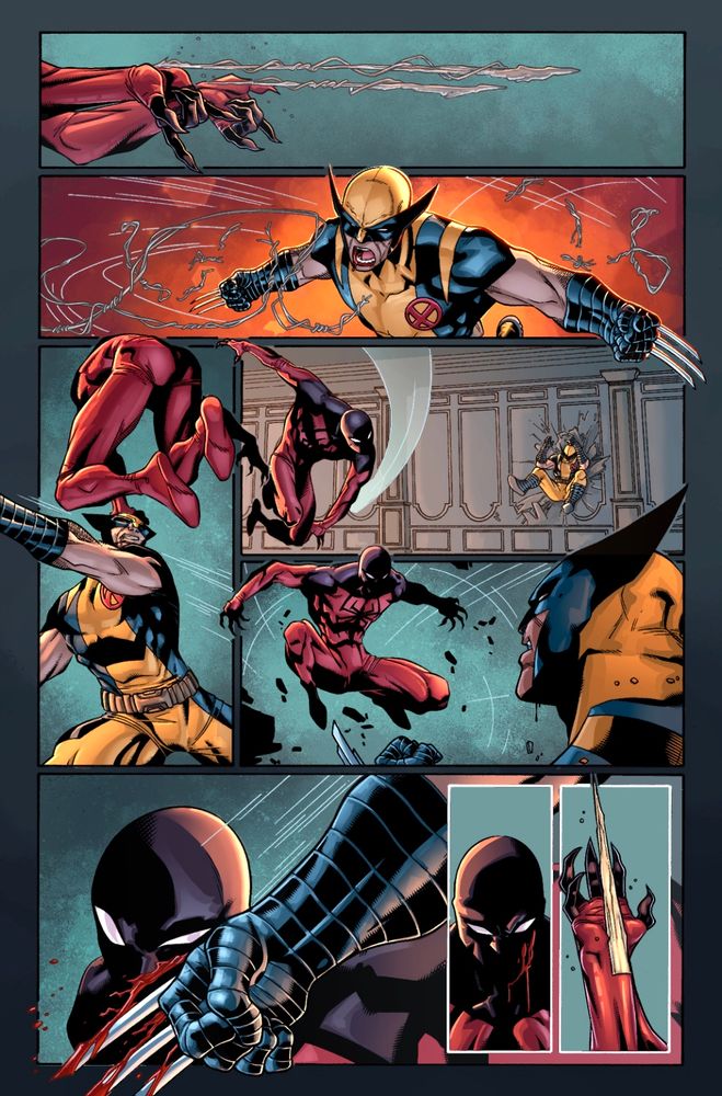 Wolverine battling the Scarlet Spider in the X-Mansion