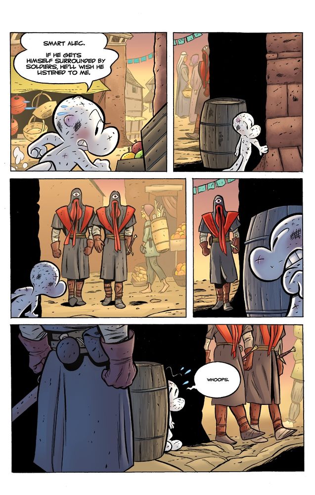 Bone trying to hide from enemy guards in a market place - before being cornered.