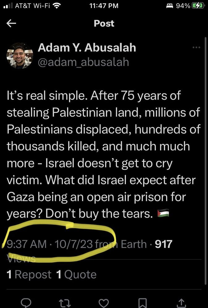 Adam Y. Abusalah Tweet posted at 9:37am on 10/7/23