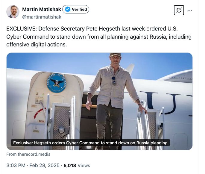 EXCLUSIVE: Defense Secretary Pete Hegseth last week ordered U.S. Cyber Command to stand down from all planning against Russia, including offensive digital actions.