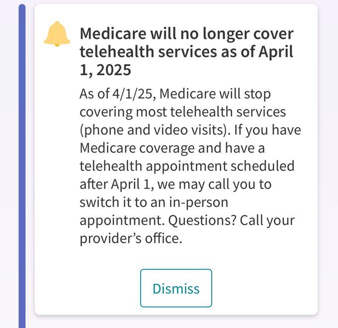 Alert: Medicare will no longer cover telehealth services as of April 1, 2025.