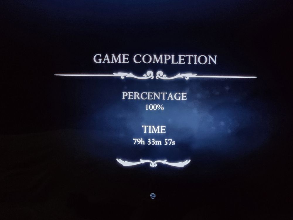 Screenshot from Hollow Knight: Silksong showing:

GAME COMPLETION 
Percentage 100%
Time 79h 33m 57s