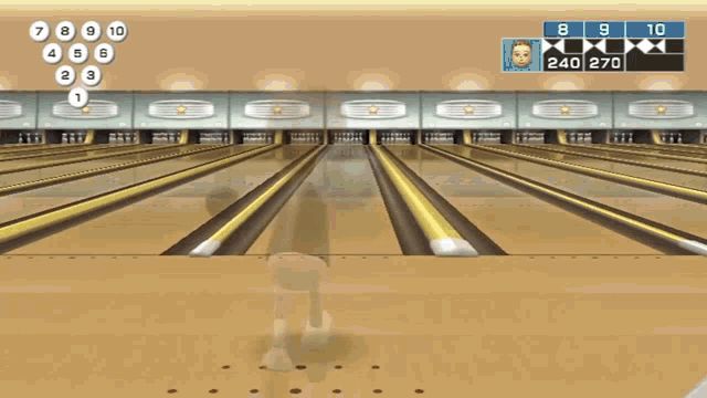 A GIF of the Nintendo Wii videogame Wii Sports showing a bowling game with a strike and the words "Nice Cock - Perfect".