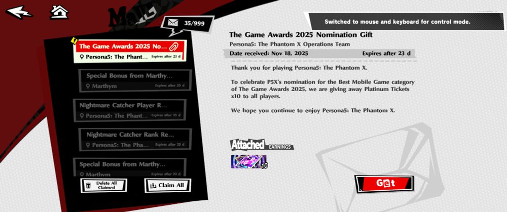screen of the mailbox of P5X, with the reward of Game Award nomination 