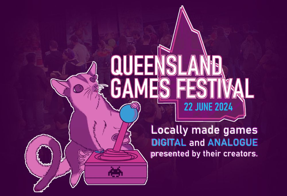 Text reads: 
Queensland Games Festival
22 JUNE 2024
Locally made games DIGITAL and ANALOGUE presented by their creators.

The new mascot and logo I made for the Queensland Games Festival that I made with homage to it's roots (Pixel Alien logo used when it was previously called 'Game On Symposium'). The animal is named Goa, a Mahogany Glider that is endangered living only in a small area in Queensland.