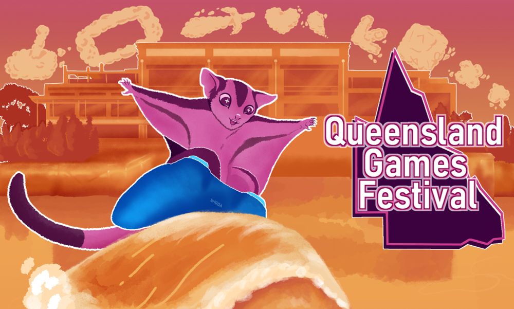 Social Media heading of the 2025 Queensland Games Festival poster art featuring our mascot Goa (a pink and purple Mahogany Glider) surfing on the Brisbane River (aka the Brown Snake) in front of the Brisbane Powerhouse (the event venue) and clouds shaped like game related icons.