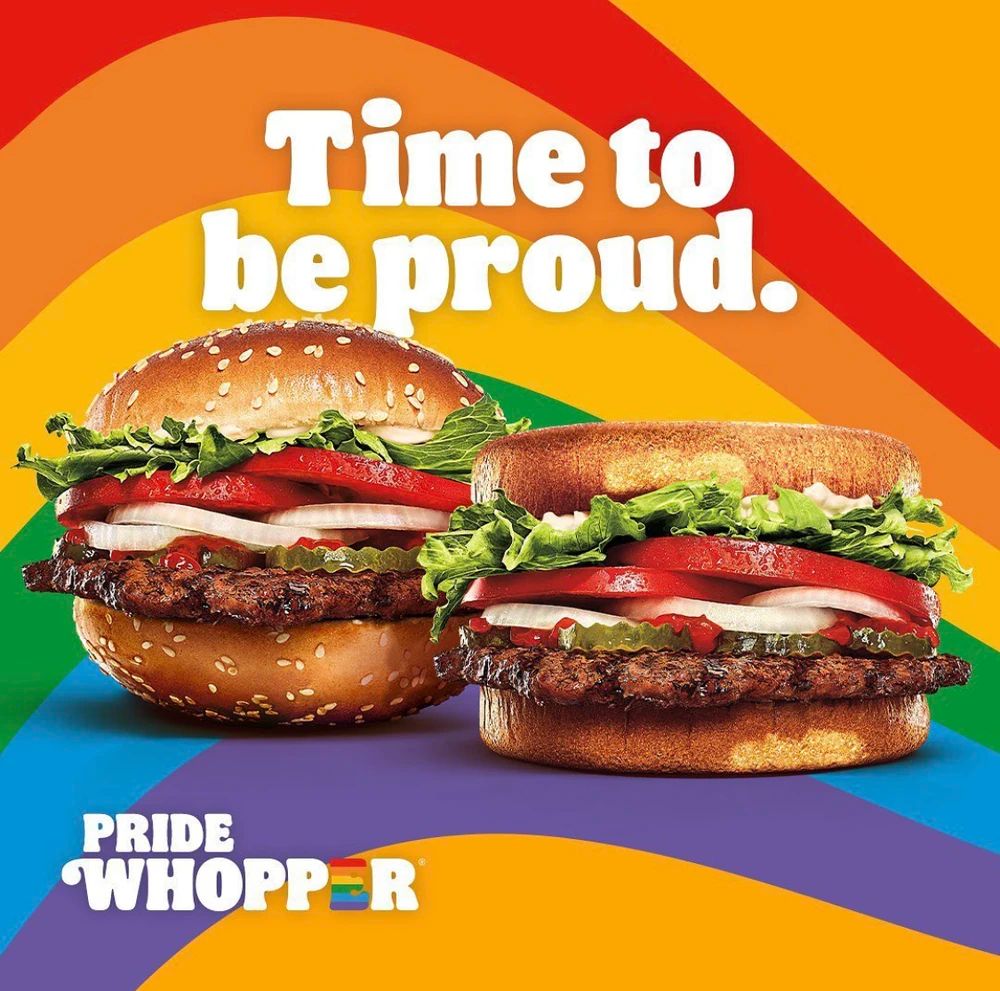 burger king pride whopper ad with two burgers that have either both top or bottom buns lol