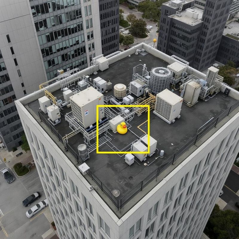 A very large and yellow rubber duck on the roof of a very grey tower block with all of the air con units and so on.
