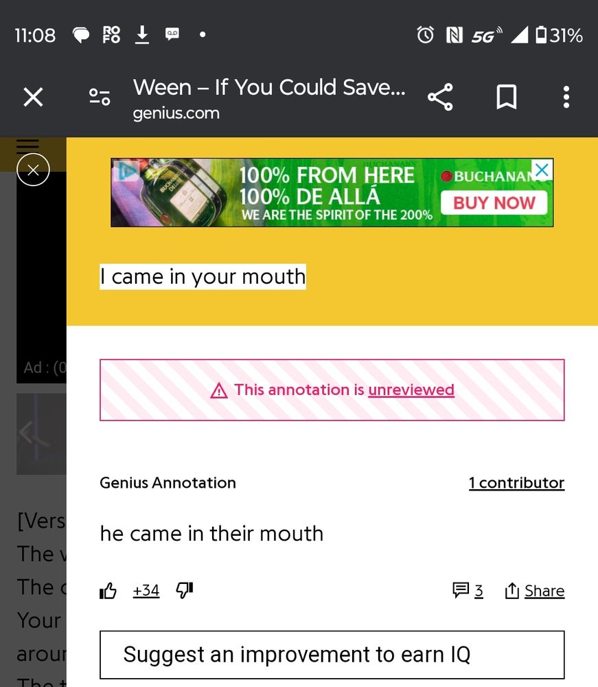 Lyrics from a ween song that says "I came in your mouth."

Someone from genius confirmed that that was the lyric