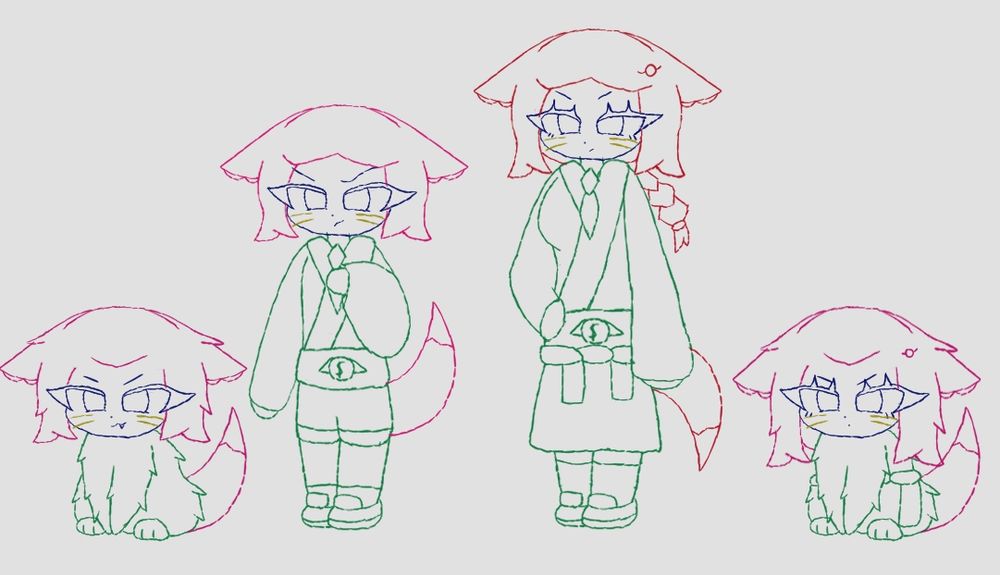 Nitro and Grenia. Foxes. Brother and sister. They are sneaky little scammers. Their whole tribe is in fact. Hence the similar clothing. They can turn into an actual foxes as well, which is why they have lil crea tures to their side.
The history of their creation is...interesting. a bit too interesting for me to go into detail while only typing on phone, but tl;dr these are old old OCs of mine that my gf adopted off my hands and gave new lore for Tsuyoki's world. And now it comes full circle with me giving them new designs.

They have whiskers, inspired by Mysty's fops.