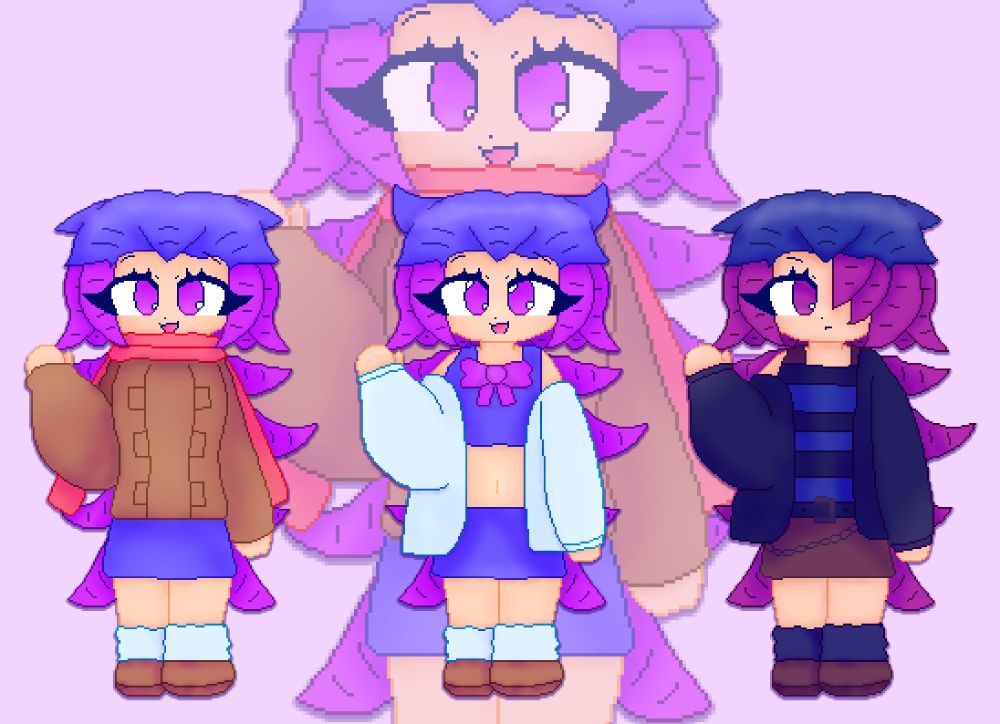 Artwork featuring Octana in her main three outfits:
- Her main outfit
- Her idol outfit
- Her goth outfit

You may notice that her tentacles change color for the goth outfit. That's because they are actually dyed! Octana's natural hair color is actually orange, though she prefers the blue and purple. She dyes it darker if she wants to go for that goth aesthetic.