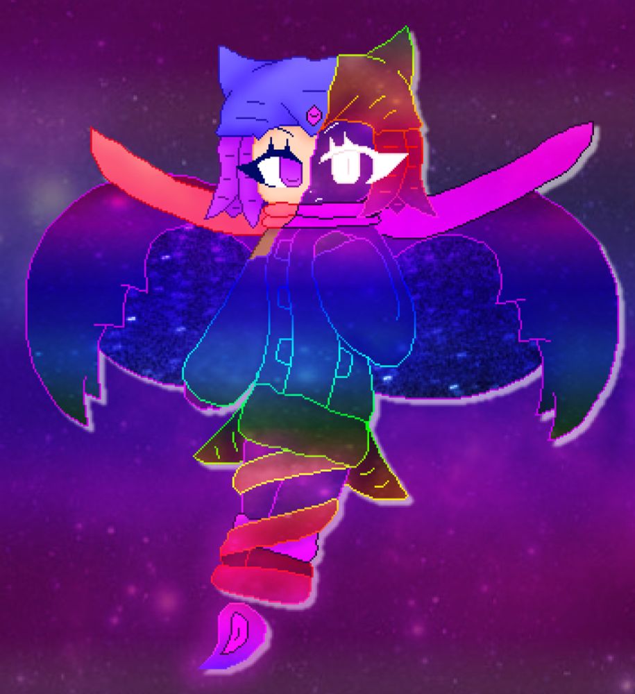 Celestial Idol Octana.
It's Octana, with most of her body enveloped in rainbowy magic. Only half of her face and part of her shoulder remains the same as her normal self. 
Six of her back tentacles have become angel wings. Her legs have slightly transparent magic wrapped around it, with a flame at the end.
She clenches her fist near her chest.