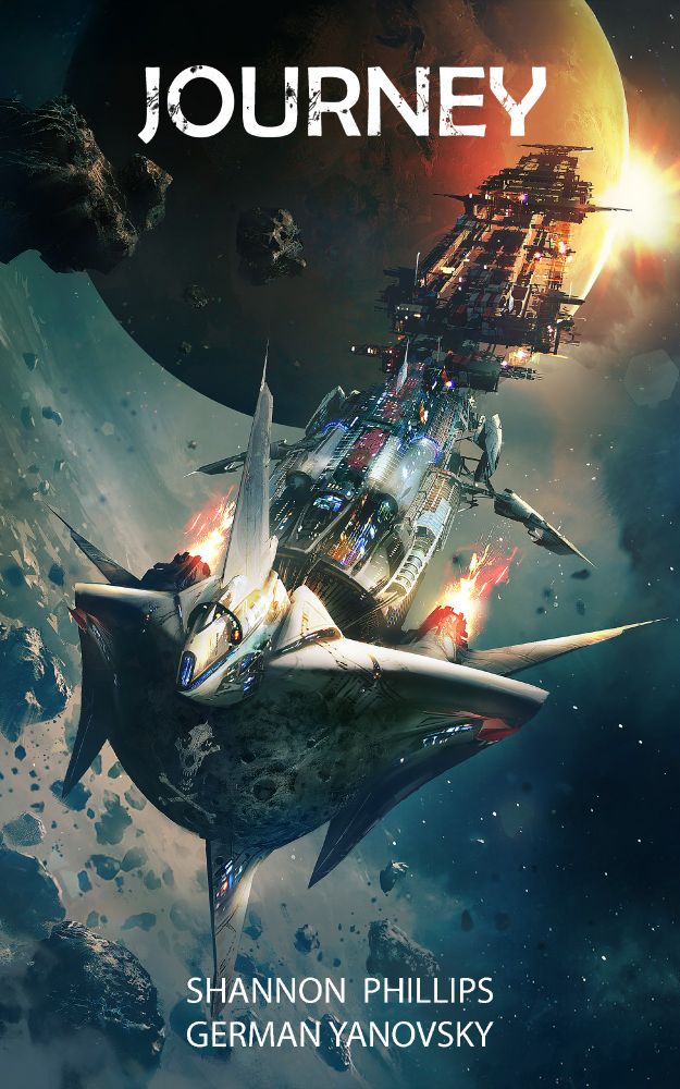 cover art for the novel Journey shows an industrial looking spaceship against a Mars backdrop. The ship's hull is graffiti'd with a wolf skull above crossbones