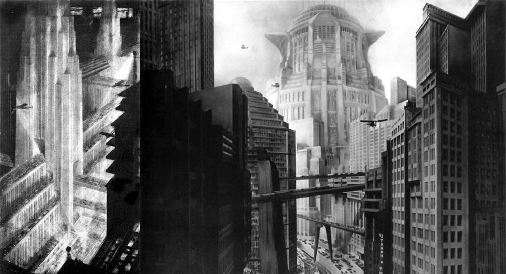 Black and white renderings of an imposing, looming cityscape. The sky is not visible