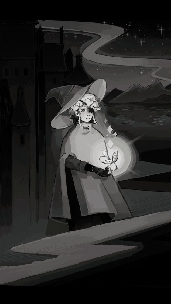 A black and white digital drawing of Siffrin from the video game In Stars and Time. They are lifting up a glowing pocket watch and looking at it solemnly. Behind them on the left is a black castle, on the right there is a landscape with water, mountains and a night sky. 