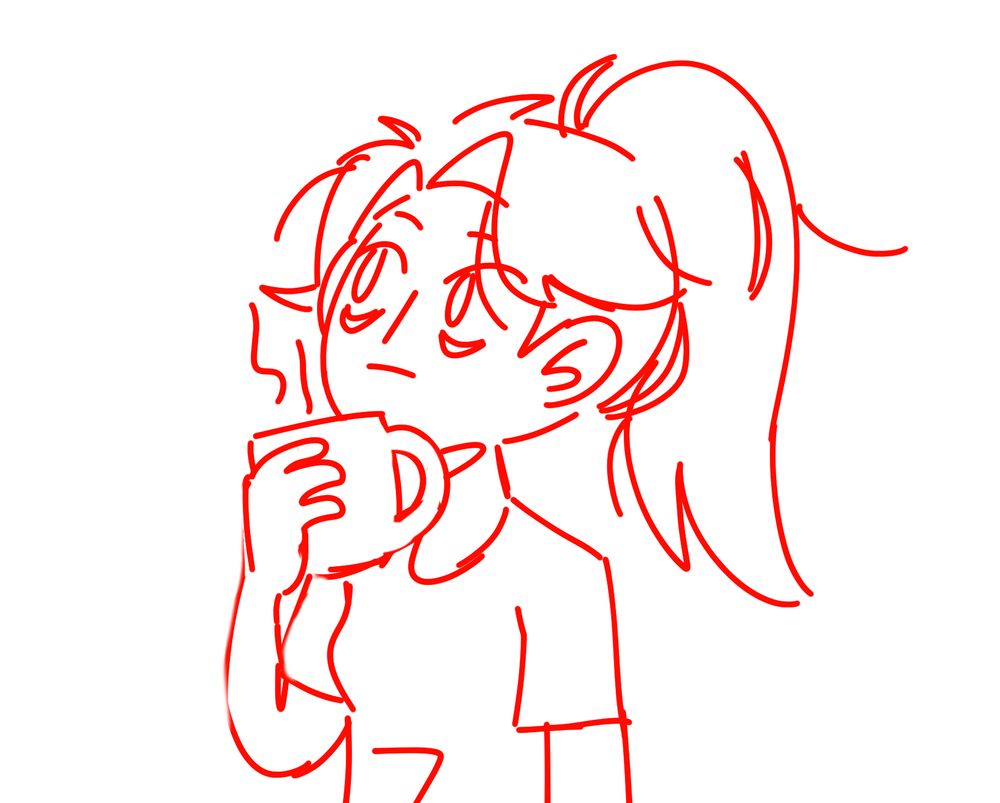 Sketch of a cartoonish girl with eye bags holding a mug by the incorrect side