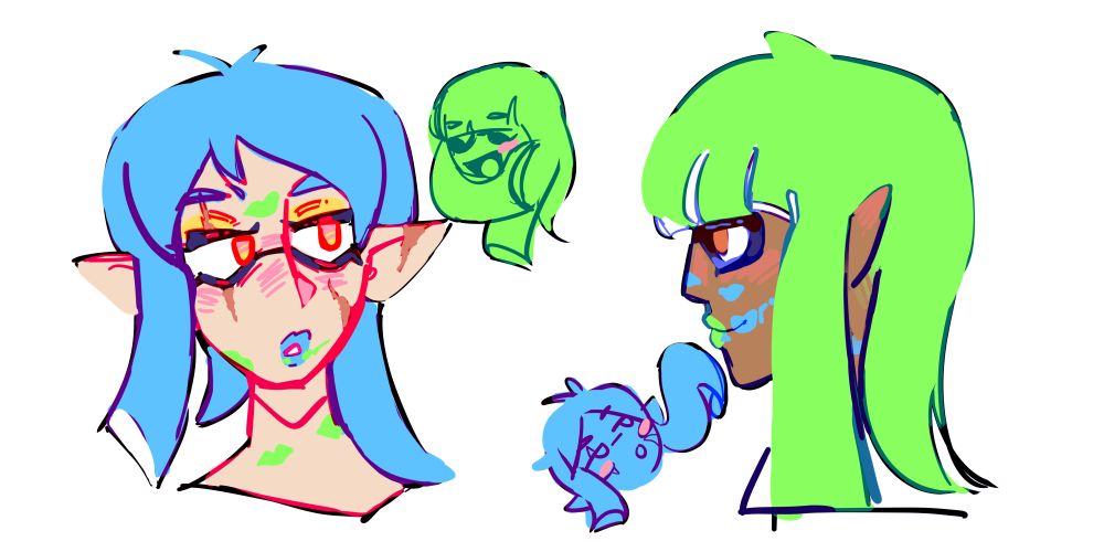 Two inkling girls, the one on the left has some green lip stick kissing marks on her face and neck, the green girl on the right also has kissing marks but colored blue.  