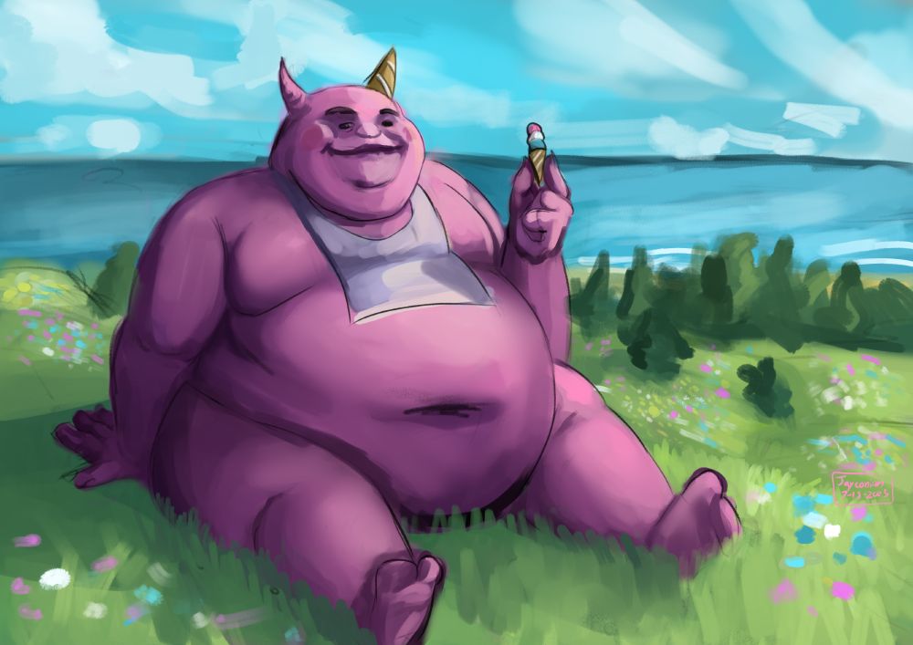 A digitail painting depicting a rotound pink demon, holding a small ice cream cone in hand. They sit  happily in a grassy feild, surrounded by flowers and with the ocean in the background.
