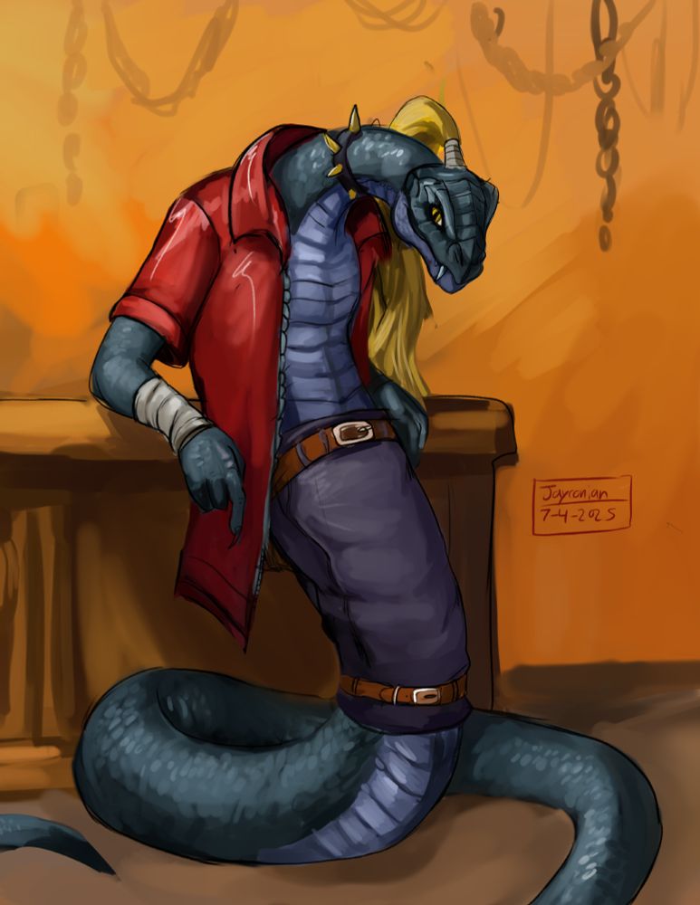 A digital painting of a anthropomorphic snake wearing a red jacket and  fabric cylinder for pant, leaning back against a countertop. 