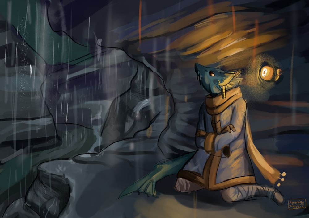 A somber looking fish person sits under an outcropping in a canyon, taking shelter from the heavy rain underneath the ridge. A floating mechanical eye illuminates her and the wall.