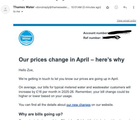 Screenshot of an email from Thames Water saying my bills are going up.